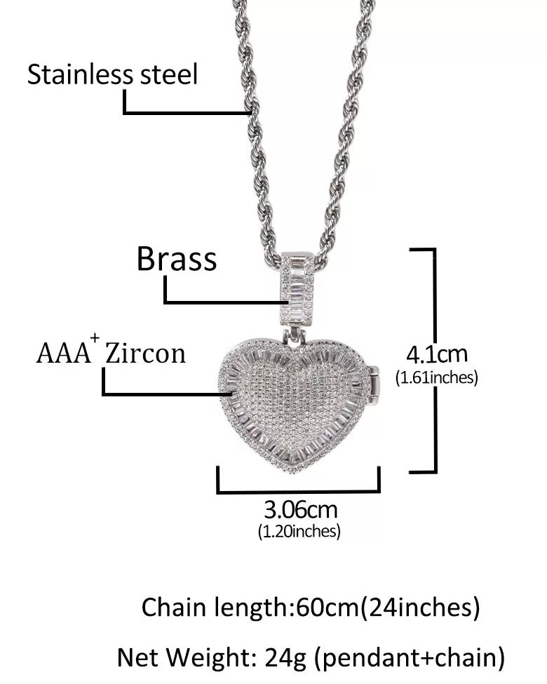 Iced Heart Photo Frame Pendant Necklace