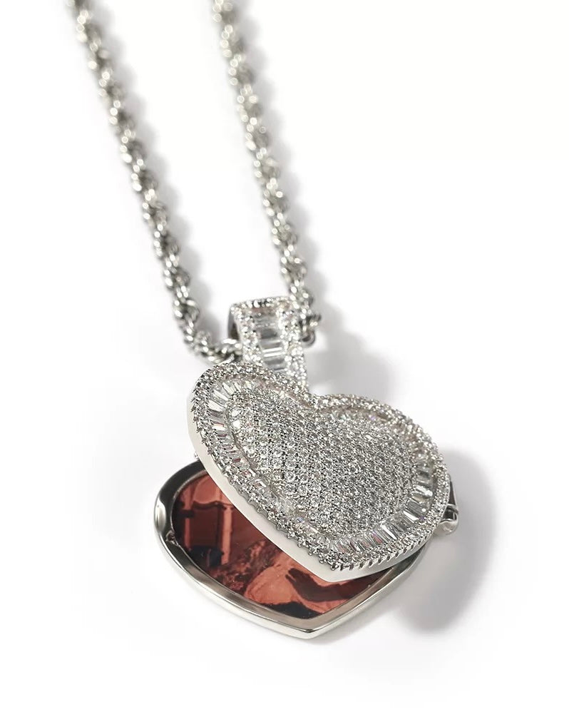 Iced Heart Photo Frame Pendant Necklace