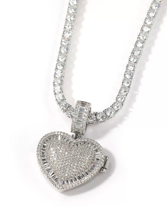 Iced Heart Photo Frame Pendant Necklace